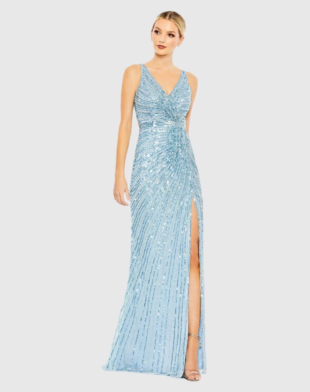 Mac Duggal Ice Blue Sequined Faux Wrap Sleeveless Slit Formal Gown Size 14